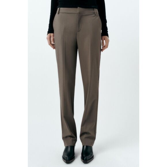 Zara Straight Leg Low Rise Brown Trousers Work Casual Pants Size M NWOT - Picture 1 of 14